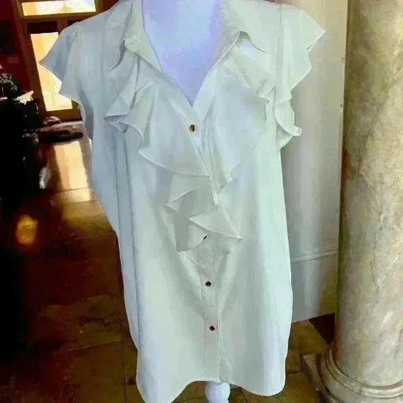 Calvin Klein, blouse 
v-neckline L white ruffle front  airy cool.Great cond. - Picture 7 of 15